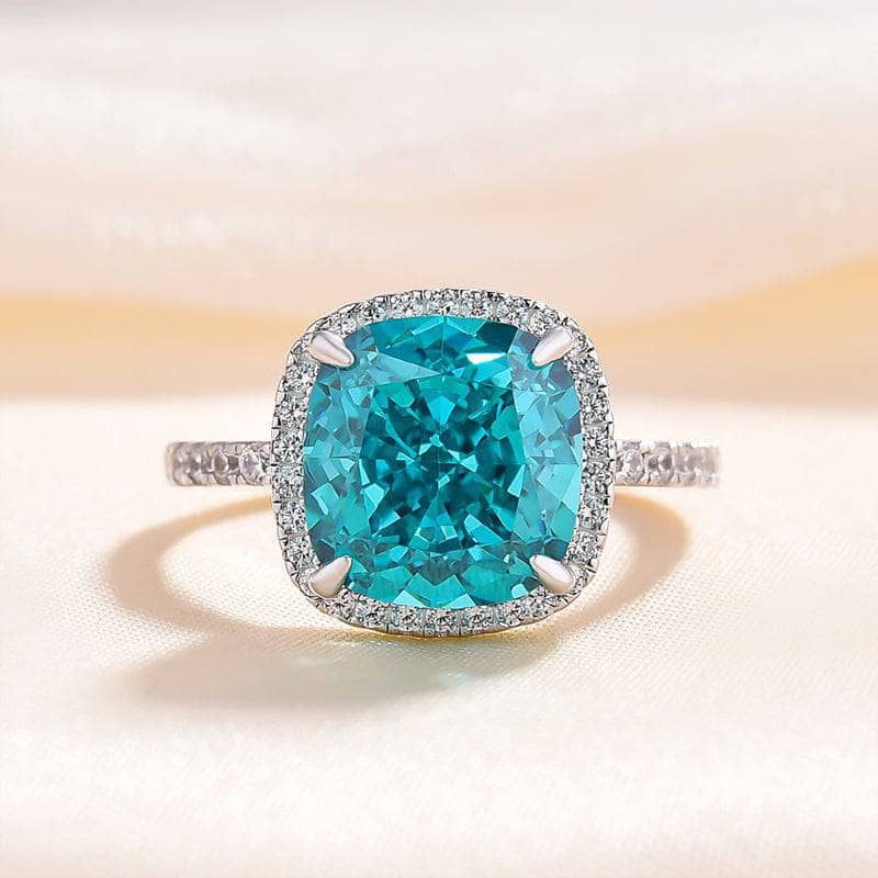 Exquisite Halo Cushion Cut Simulated Cyan Blue Engagement Ring - Black Diamonds New York