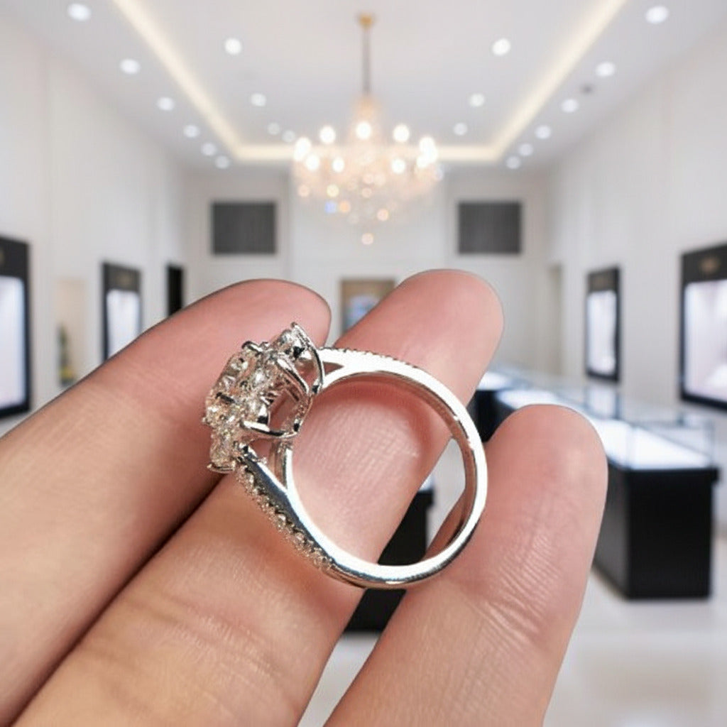 Exquisite Sun Flower Design Halo Round Cut Engagement Ring-Black Diamonds New York