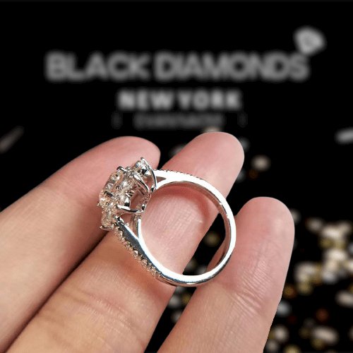 Exquisite Sun Flower Design Halo Round Cut Engagement Ring-Black Diamonds New York
