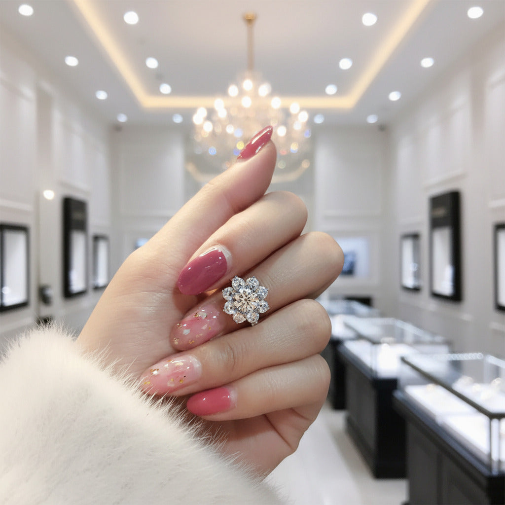 Exquisite Sun Flower Design Halo Round Cut Engagement Ring-Black Diamonds New York