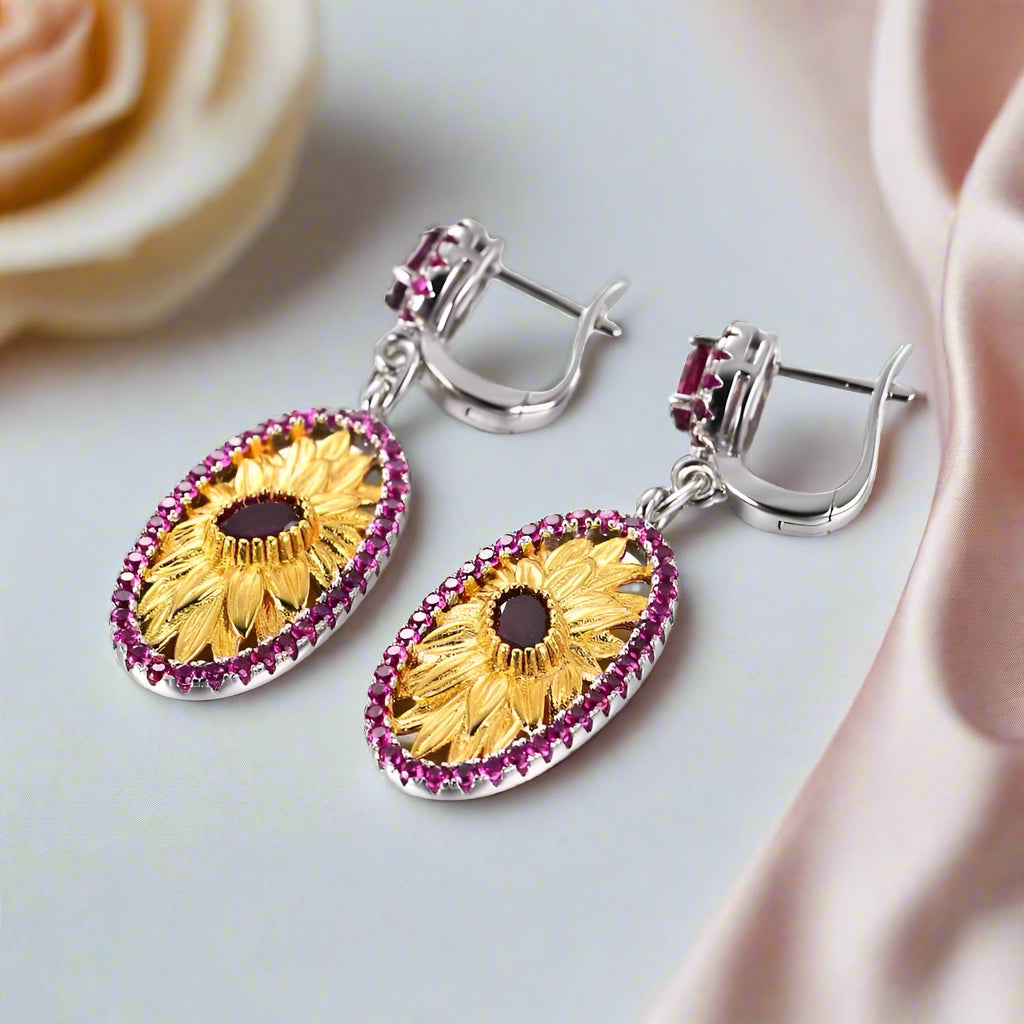 Exquisite Sunflower Long Earrings-Black Diamonds New York