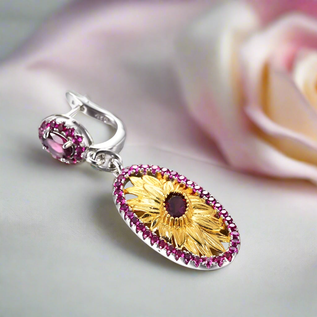 Exquisite Sunflower Long Earrings-Black Diamonds New York