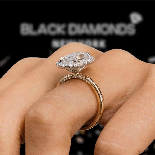 Exquisite Yellow Gold Halo Oval Cut Engagement Ring-Black Diamonds New York