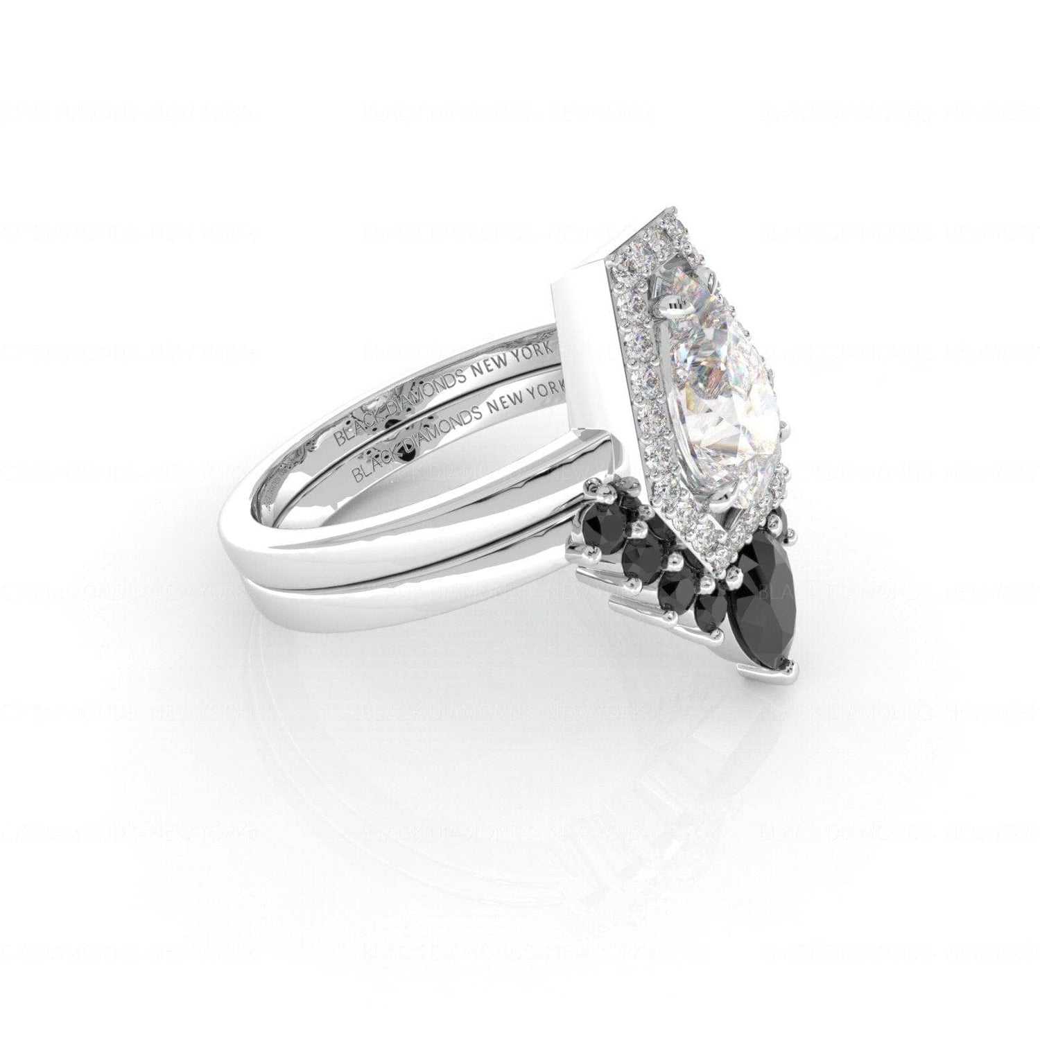 Faithfulness-1ct Black Pear Cut Moissanite 14k White Gold Coffin Ring Set - Black Diamonds New York