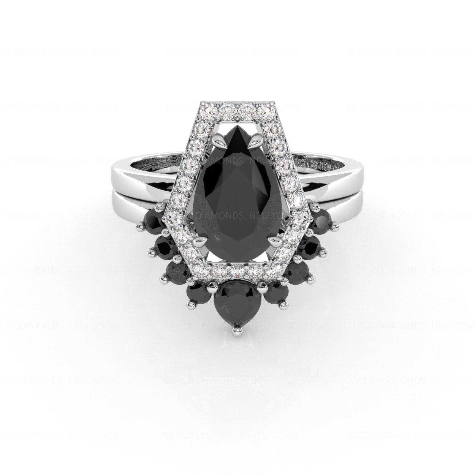 Faithfulness-1ct Black Pear Cut Moissanite 14k White Gold Coffin Ring Set-Black Diamonds New York