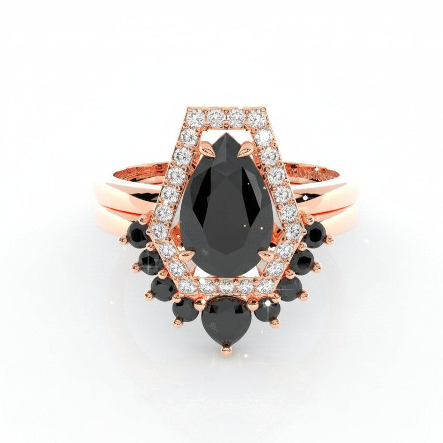 Faithfulness-1ct Black Pear Cut Diamond 14K White Gold Coffin Ring Set-Black Diamonds New York