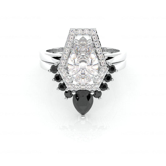 Faithfulness-1ct Black Pear Cut Moissanite 14k White Gold Coffin Ring Set - Black Diamonds New York