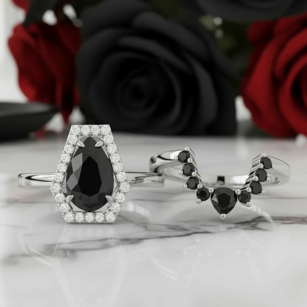 Faithfulness-1ct Black Pear Cut Diamond 14k White Gold Coffin Ring Set-Black Diamonds New York