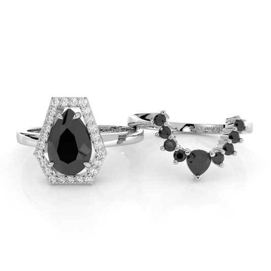 Faithfulness-1ct Black Pear Cut Diamond 14k White Gold Coffin Ring Set-Black Diamonds New York