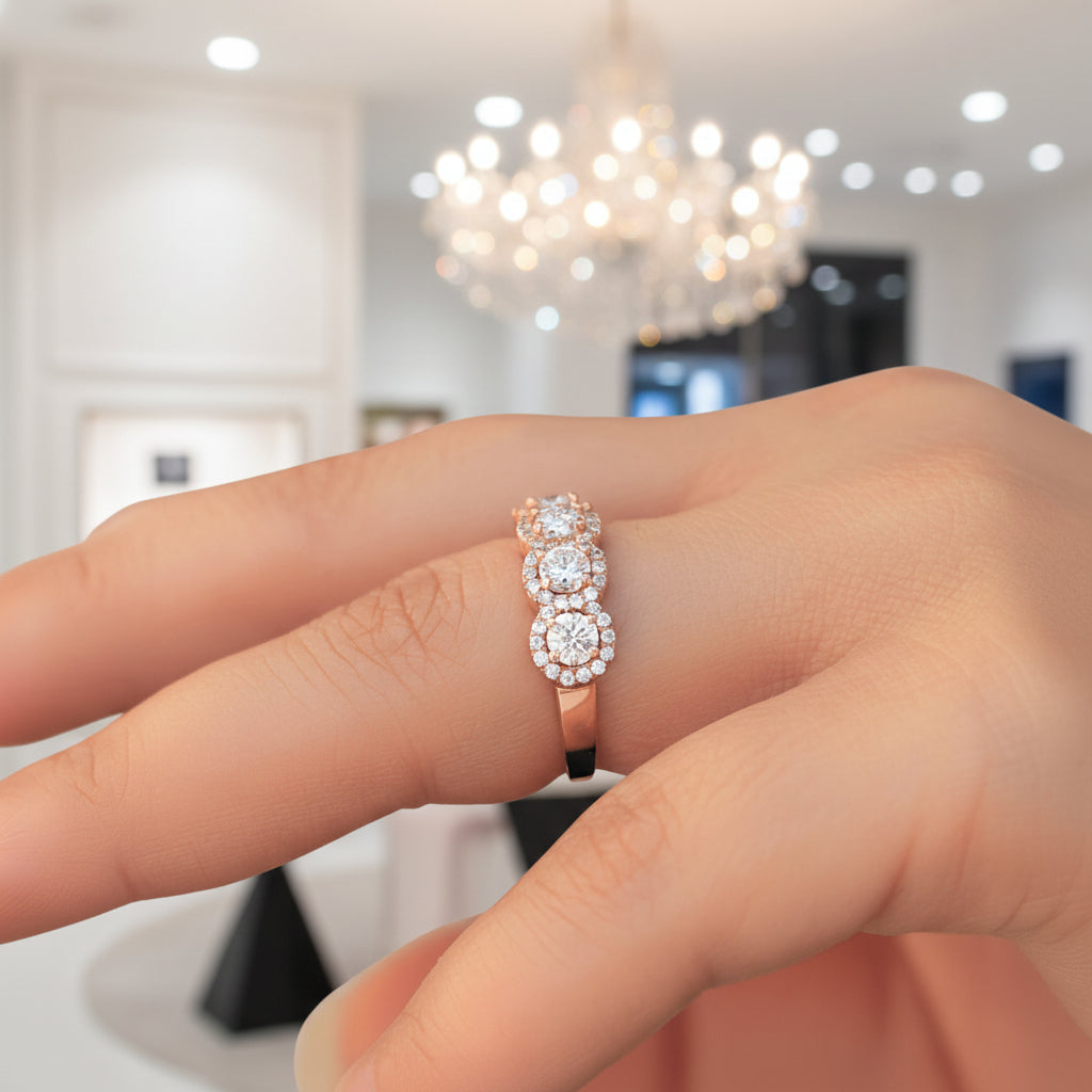 Fashion Rose Gold Halo Round Cut Wedding Band-Black Diamonds New York