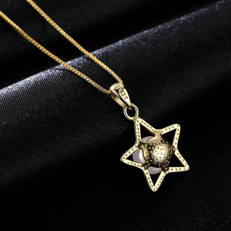 Gold Color Five-pointed Star 925 Sterling Silver Jewelry Natural Pearl Pendant Chain Necklace For Girls Christmas Gifts JPN305 - Black Diamonds New York