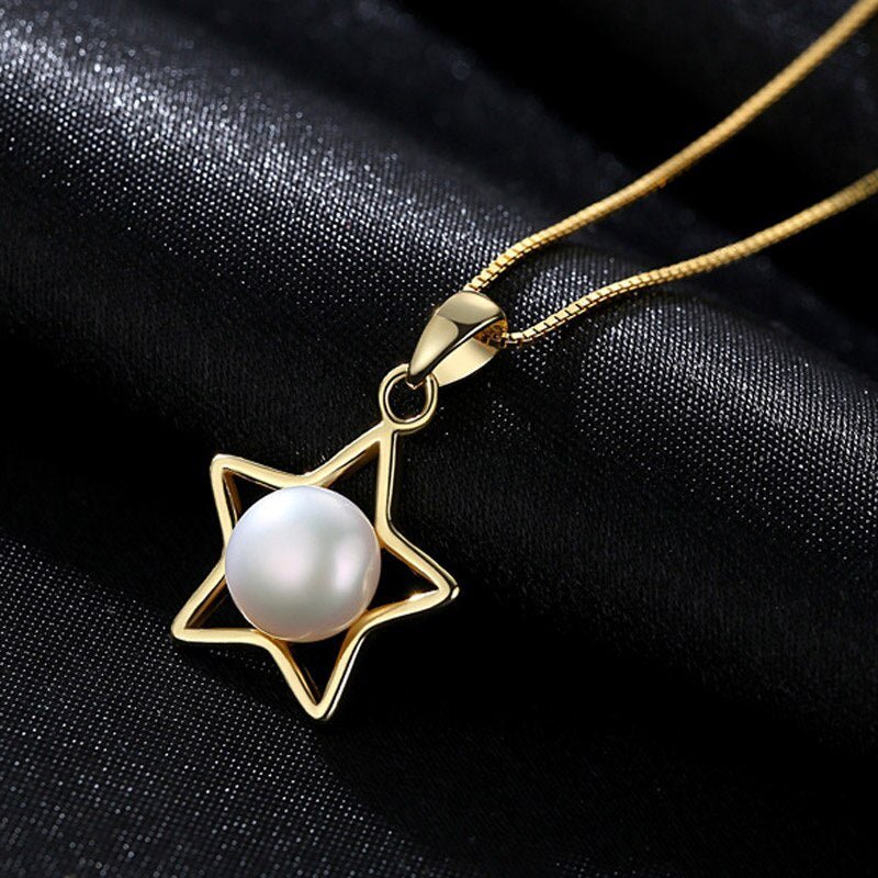 Gold Color Five-pointed Star 925 Sterling Silver Jewelry Natural Pearl Pendant Chain Necklace For Girls Christmas Gifts JPN305 - Black Diamonds New York