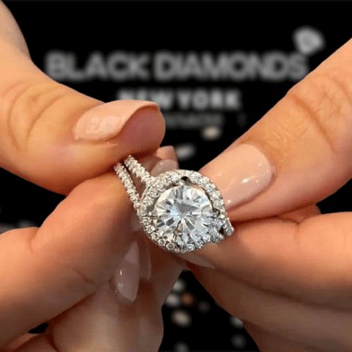 FLASH SALE- 2.0ct Round Cut Halo Insert Wedding Ring Set-Black Diamonds New York