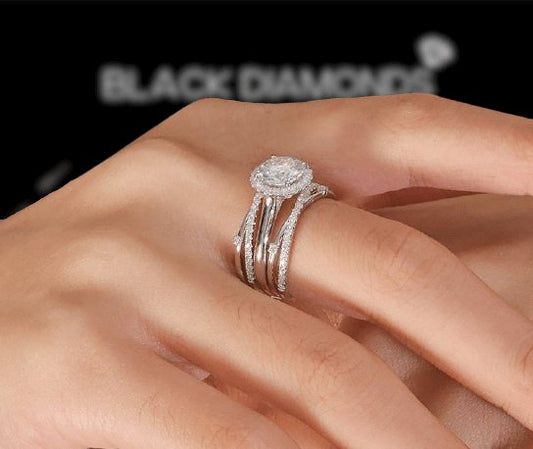 Flash Sale- 2.0ct Round Cut Moissanite 14k White Gold Insert Engagement Ring Set - Black Diamonds New York
