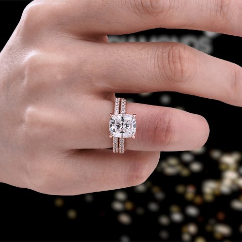 3.0ct Cushion Cut Rose Gold Clear Simulated Sapphire Wedding Ring Set-Black Diamonds New York