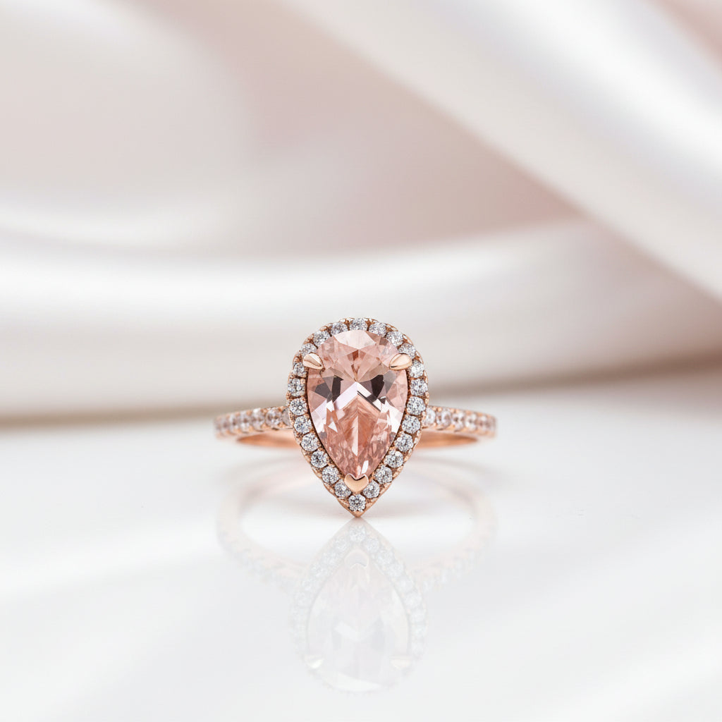 3.0ct Halo Pear Cut Synthetic Morganite Engagement Ring-Black Diamonds New York
