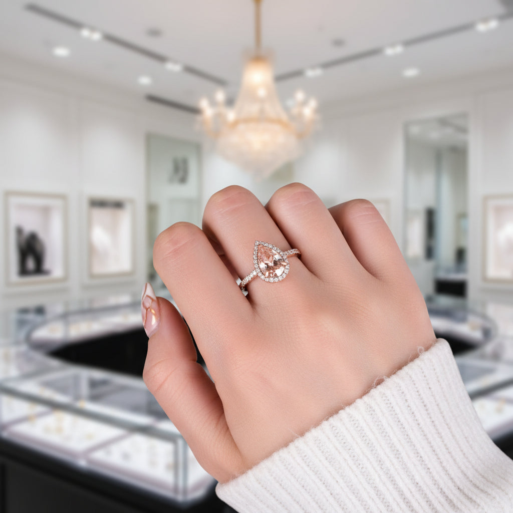 3.0ct Halo Pear Cut Synthetic Morganite Engagement Ring-Black Diamonds New York