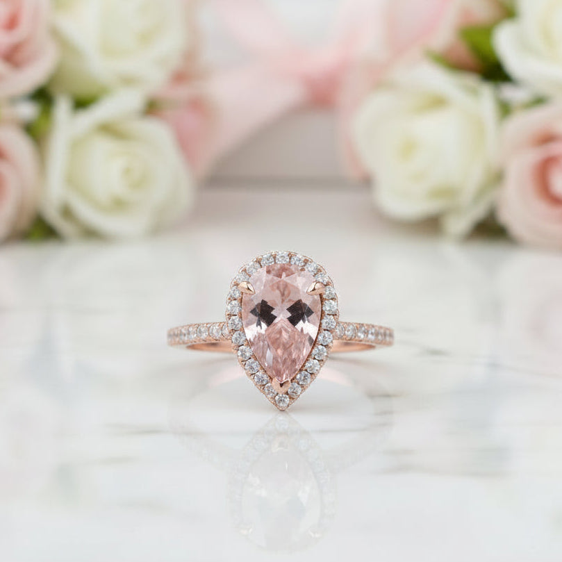 3.0ct Halo Pear Cut Synthetic Morganite Engagement Ring-Black Diamonds New York