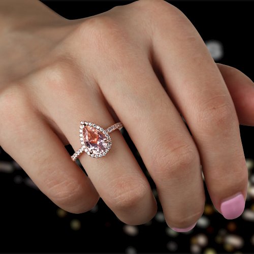 FLASH SALE- 3.0ct Halo Pear Cut Synthetic Morganite Engagement Ring-Black Diamonds New York