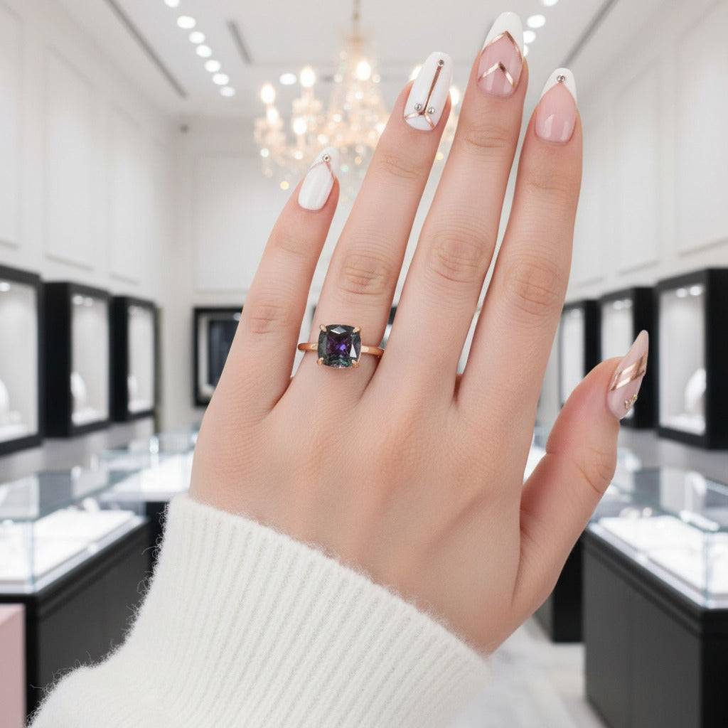 3.5ct Alexandrite Cushion Cut Engagement Ring-Black Diamonds New York