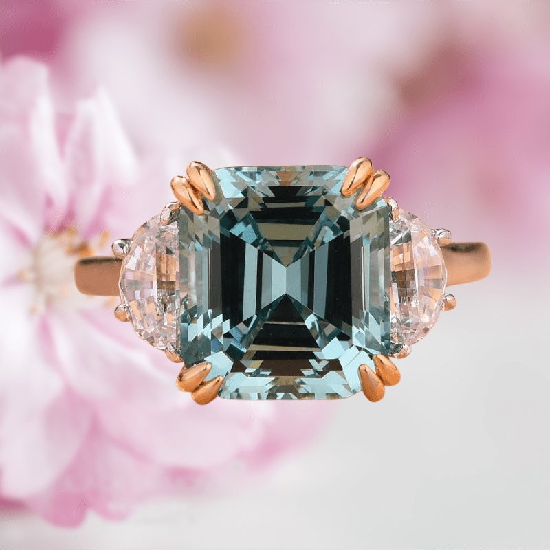 4.5 carat Simulated Paraiba Tourmaline Asscher Cut Three Stone Engagement Ring-Black Diamonds New York