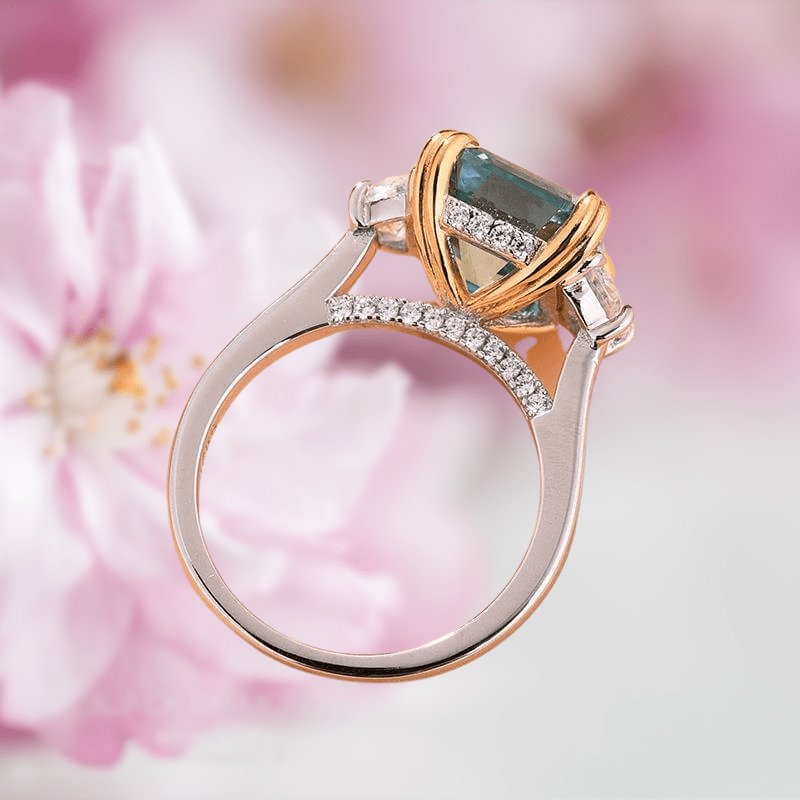 Flash Sale- 4.5 carat Simulated Paraiba Tourmaline Asscher Cut Three Stone Engagement Ring-Black Diamonds New York