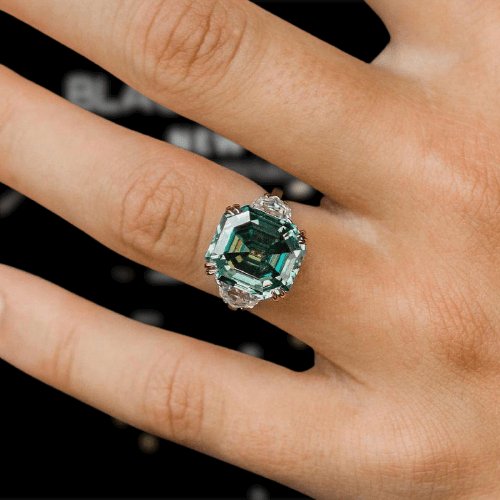 4.5 carat Simulated Paraiba Tourmaline Asscher Cut Three Stone Engagement Ring-Black Diamonds New York