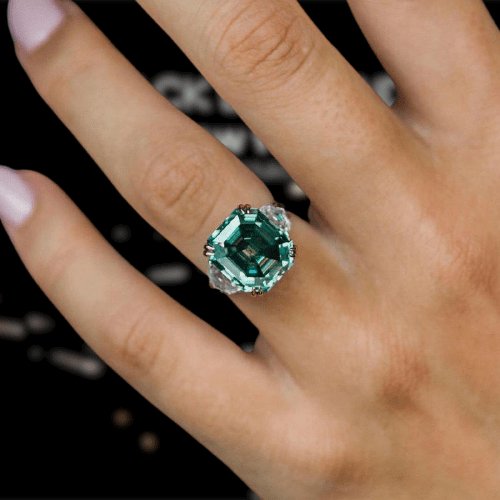Flash Sale- 4.5 carat Simulated Paraiba Tourmaline Asscher Cut Three Stone Engagement Ring - Black Diamonds New York