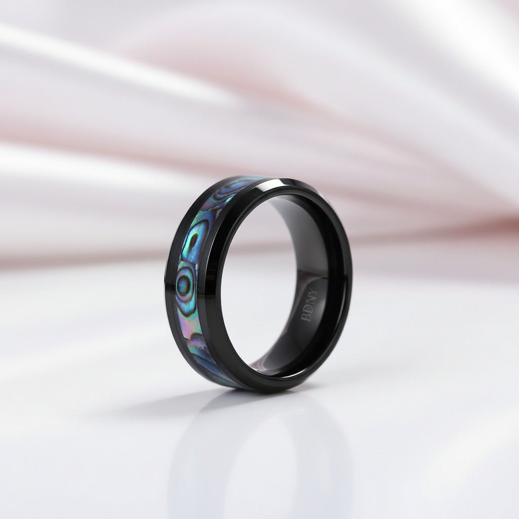 Abalone Shell Men's Titanium Wedding Band-Black Diamonds New York