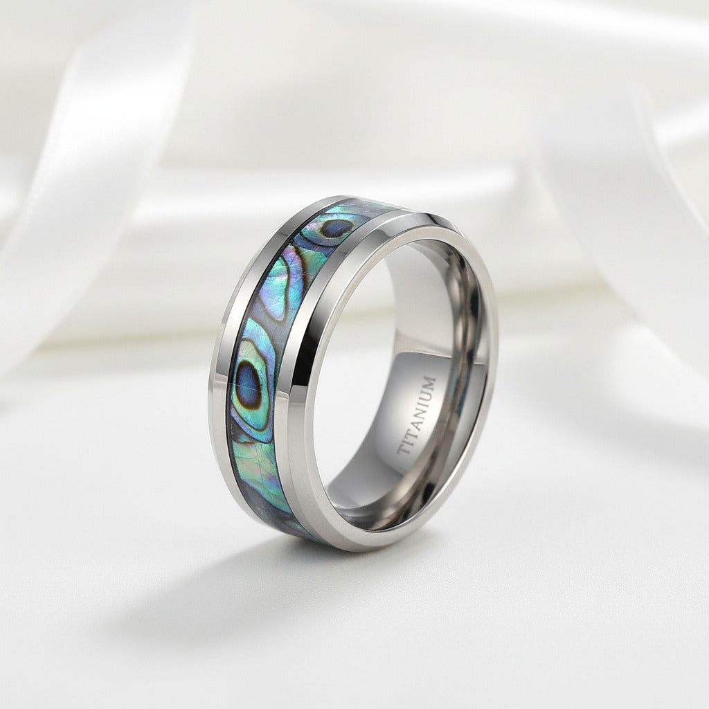 Abalone Shell Men's Titanium Wedding Band-Black Diamonds New York