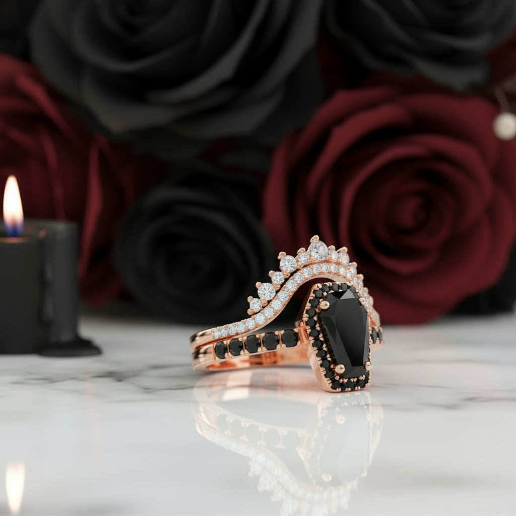 Best Love Rings- Rare Coffin Cut Diamond Gothic Ring Set-Black Diamonds New York