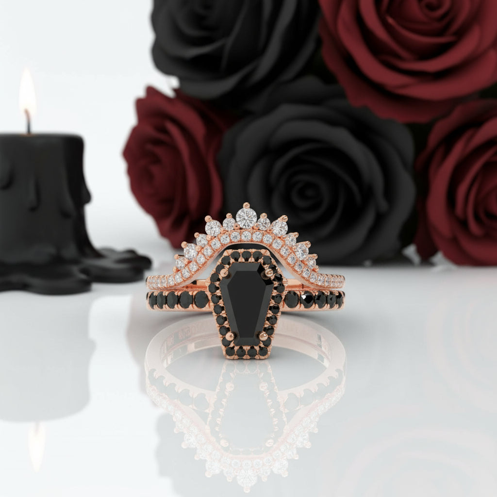 Best Love Rings in Rose Gold- Rare Coffin Cut Diamond Option Gothic Ring Set-Black Diamonds New York