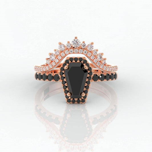 Flash Sale- Best Love Rings- Rare Coffin Cut Diamond 14k Gold Gothic Ring Set-Black Diamonds New York
