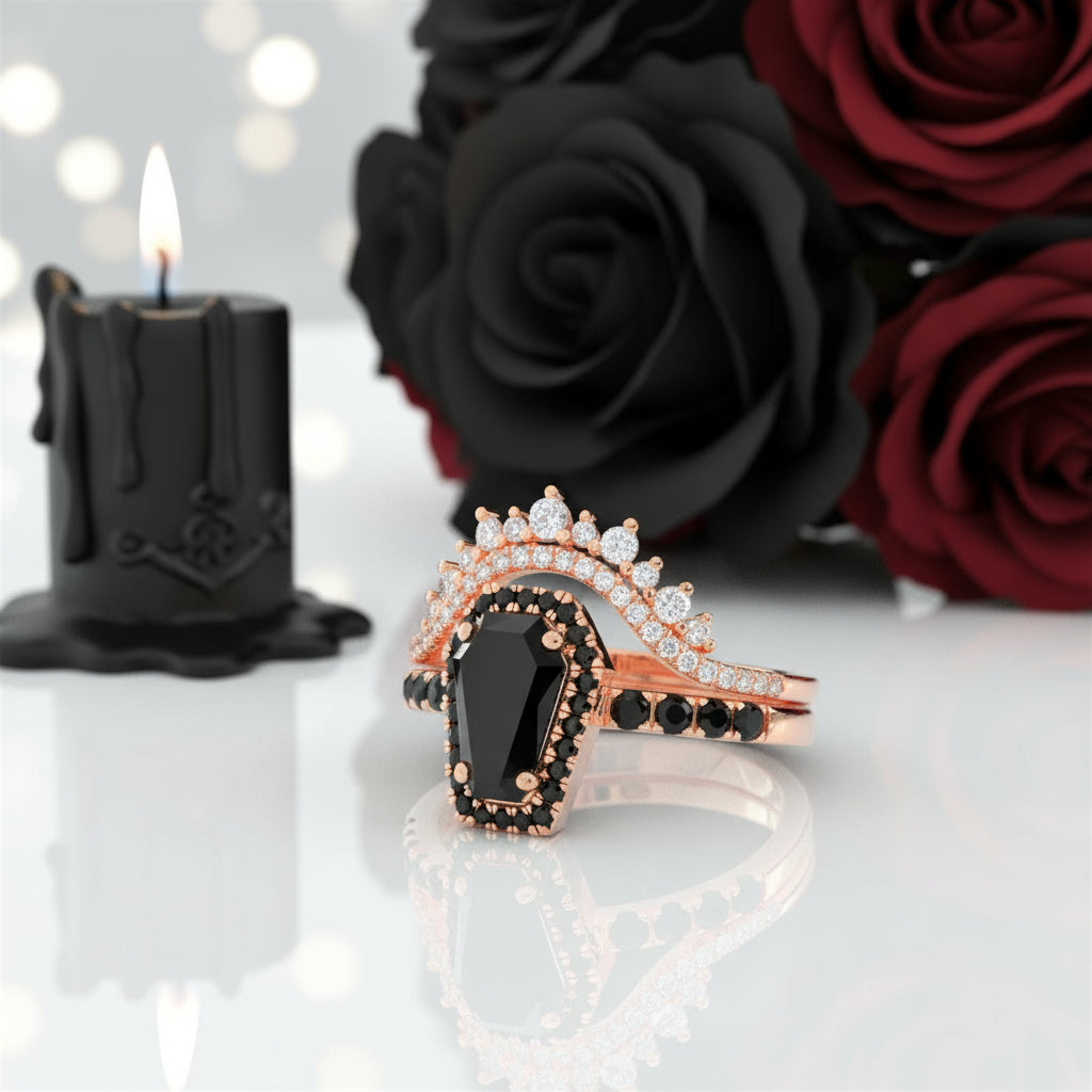 Best Love Rings- Rare Coffin Cut Diamond Gothic Ring Set-Black Diamonds New York