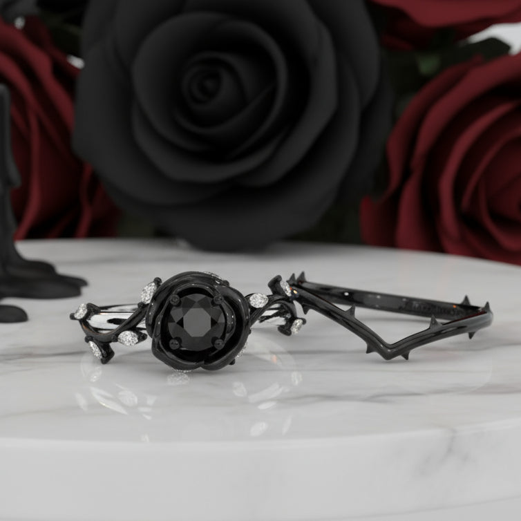 Black Rose- Round Cut Diamond Modern Goth Engagement Rings
