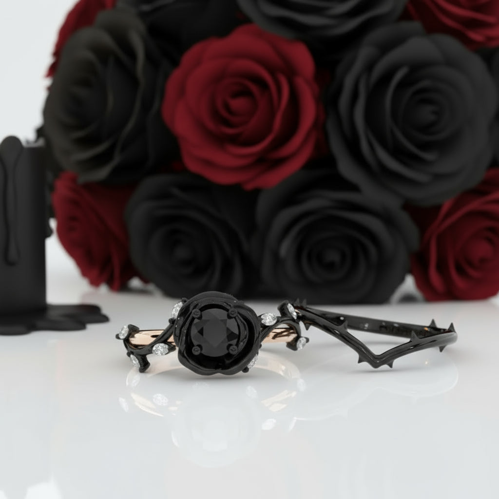 Black Rose- .50ct Round Cut Diamond Modern Goth Engagement Rings-Black Diamonds New York