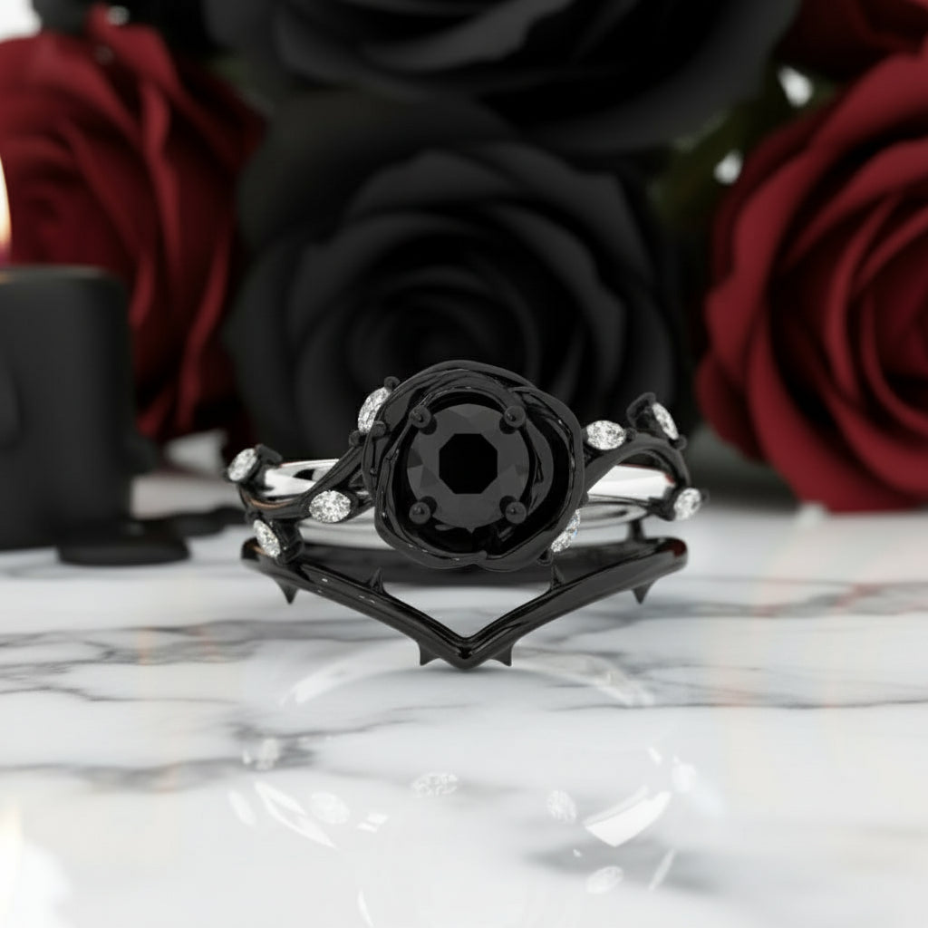 Black Rose- .50ct Round Cut Diamond Modern Goth Engagement Rings-Black Diamonds New York