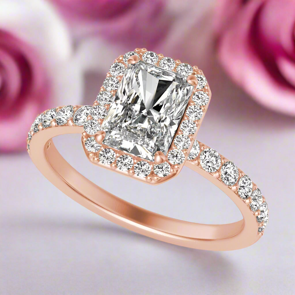 Classic Rose Gold Halo Radiant Cut Engagement Ring-Black Diamonds New York