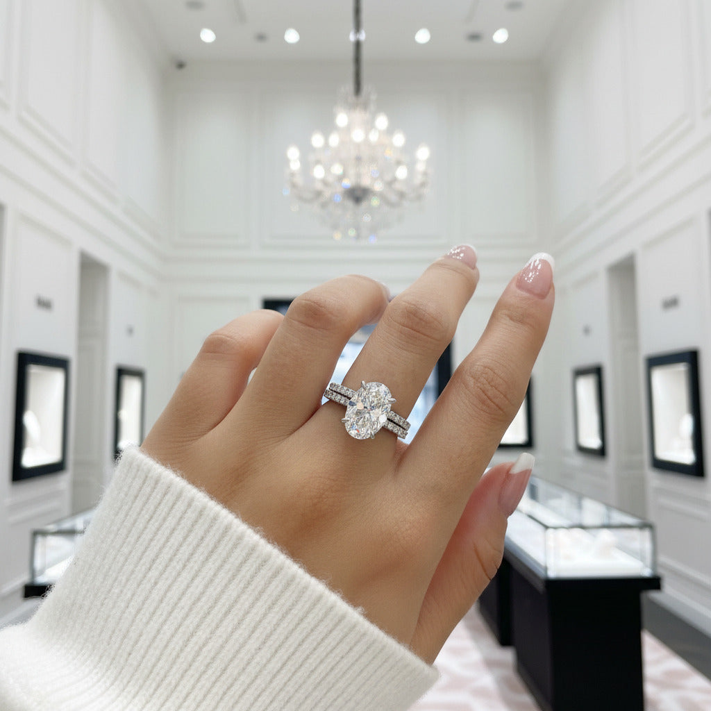 Classic White Sapphire Oval Cut Wedding Ring Set-Black Diamonds New York