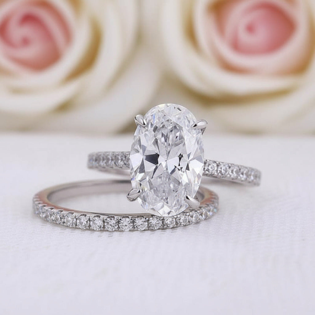 Classic White Sapphire Oval Cut Wedding Ring Set-Black Diamonds New York