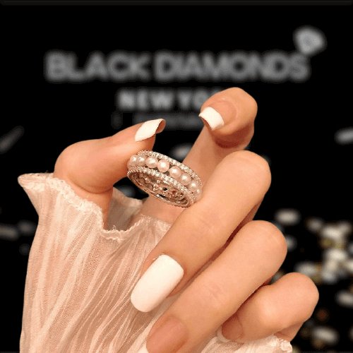 Flash Sale- Elegant Eternity Pearl Wedding Band - Black Diamonds New York