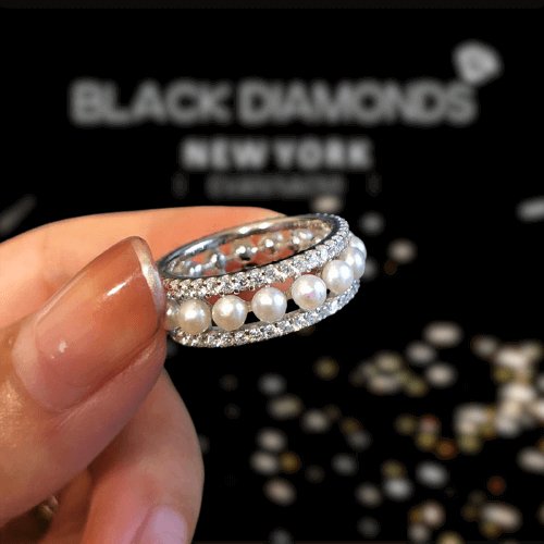 Flash Sale- Elegant Eternity Pearl Wedding Band-Black Diamonds New York