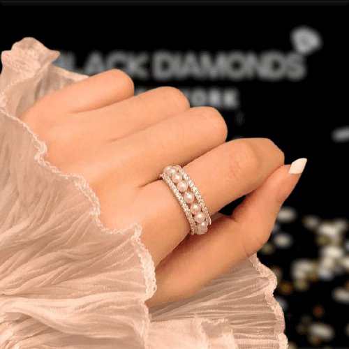 Flash Sale- Elegant Eternity Pearl Wedding Band - Black Diamonds New York