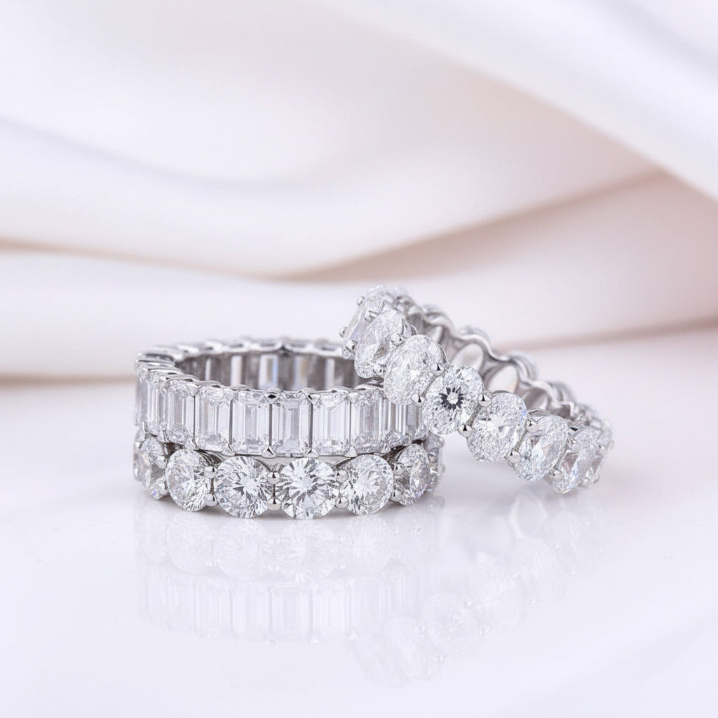 Eternity Emerald & Round & Oval Cut Wedding Band Set-Black Diamonds New York