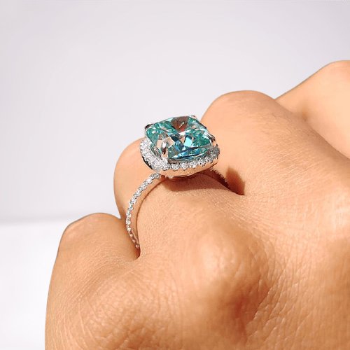 Flash Sale- Exquisite Halo Cushion Cut Simulated Cyan Blue Engagement Ring - Black Diamonds New York