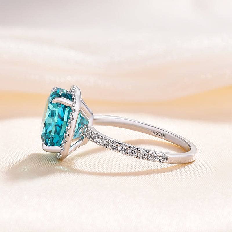Flash Sale- Exquisite Halo Cushion Cut Simulated Cyan Blue Engagement Ring-Black Diamonds New York