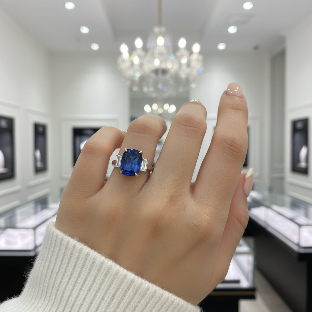 Gorgeous Blue Sapphire Cushion Cut Three Stone Engagement Ring-Black Diamonds New York
