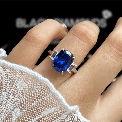 Flash Sale- Gorgeous Blue Sapphire Cushion Cut Three Stone Engagement Ring - Black Diamonds New York