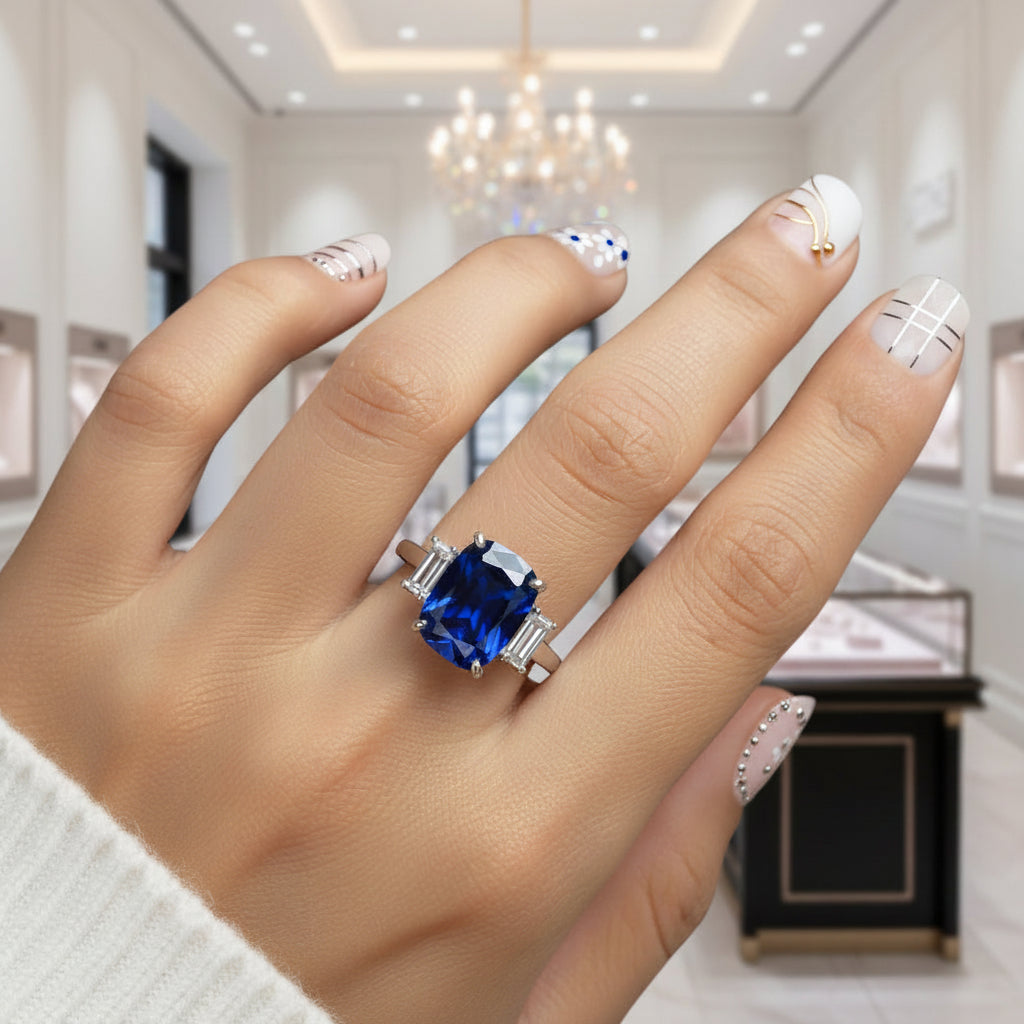 Gorgeous Blue Sapphire Cushion Cut Three Stone Engagement Ring-Black Diamonds New York
