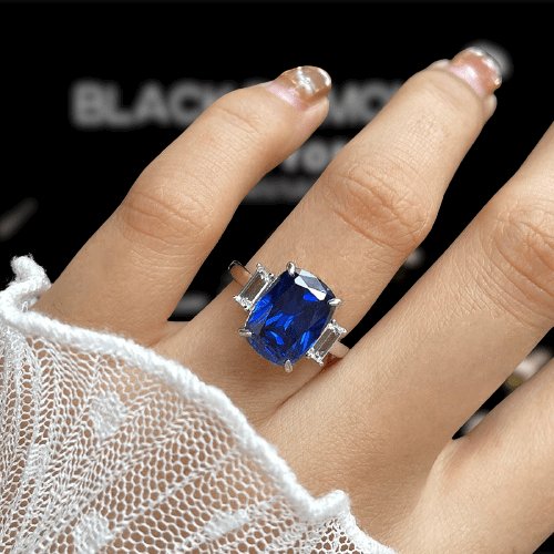 Flash Sale- Gorgeous Blue Sapphire Cushion Cut Three Stone Engagement Ring - Black Diamonds New York